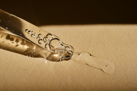 A pipette with cosmetic serum on a beige background.