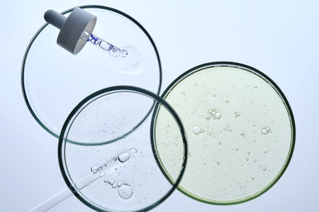 Textures of cosmetics in petri dishes.