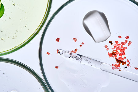Beauty routine products in a petri dish.の写真素材