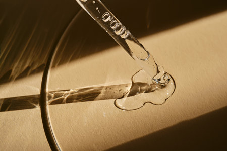 A pipette with cosmetic serum on a beige background.の写真素材