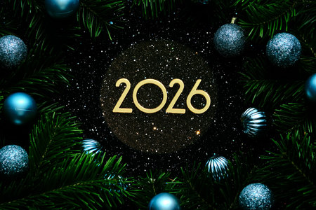 New Year 2026 dark background. Number of the coming year in Christmas decoration