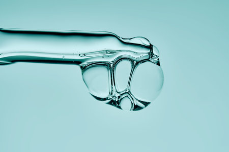The texture of a serum with bubbles dripping from a pipette on a mint background.の写真素材