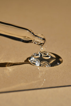 A pipette with cosmetic serum on a beige background.