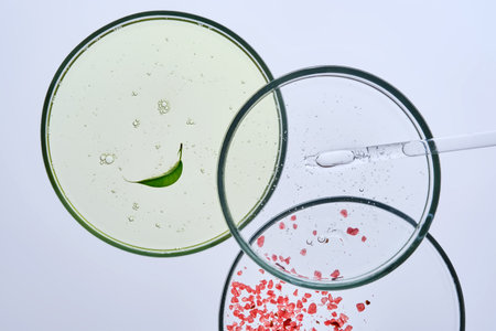 Textures of skin care products in petri dishes.の写真素材