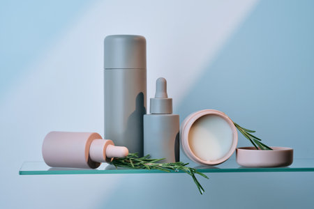A composition of cosmetic care products on a glass shelf.の写真素材