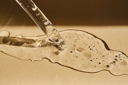 A pipette with cosmetic serum on a beige background.の写真素材