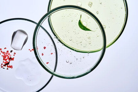 Various cosmetic skin care products in petri dishes.の写真素材