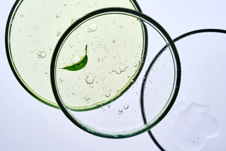 Various cosmetic skin care products in petri dishes.の写真素材