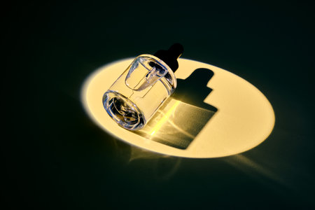 A bottle of face or hair oil in the spotlight on a yellow background.の写真素材