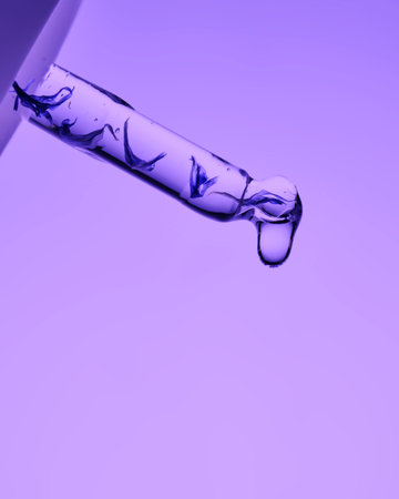 A pipette with serum demonstrating its juicy texture on a purple background.の写真素材