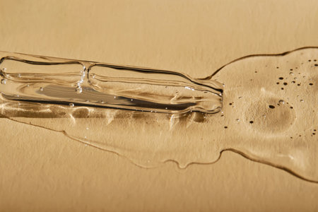 A pipette with cosmetic serum on a beige background.