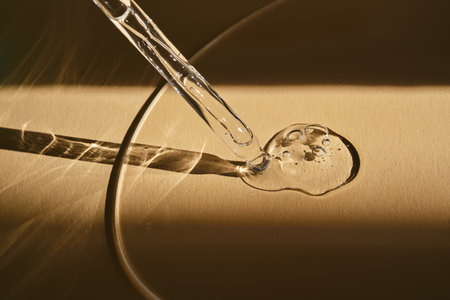 A pipette with cosmetic serum on a beige background.の写真素材