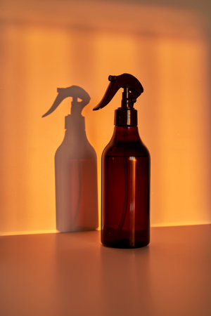 Amber spray bottle standing with warm shadowの写真素材