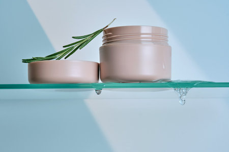 A jar of rosemary cream on the glass shelf.の写真素材