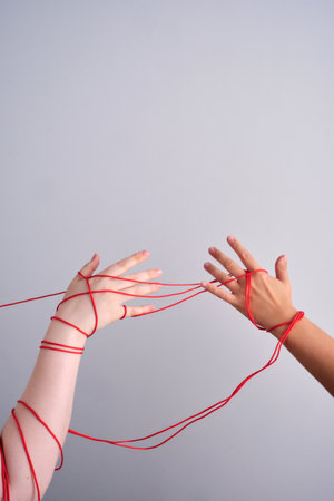 Connected hands creating red string relationshipの写真素材