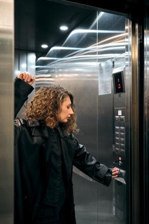 Woman pushing elevator button feeling impatient and stressの写真素材