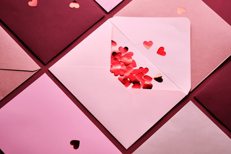 Open envelope spilling heart confetti on valentines lettersの写真素材
