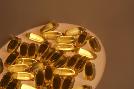 Fish oil omega-3 capsules on neutral backgroundの写真素材