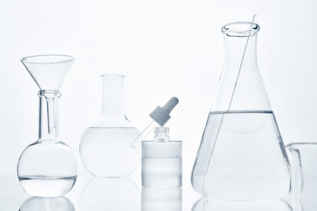 Scientific laboratory glassware with liquids for chemical research