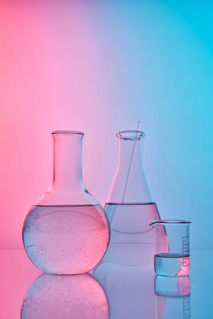 Laboratory glassware with liquid on vibrant pink blue background
