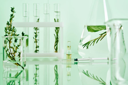 Herbal extracts in laboratory for natural cosmetic researchの写真素材