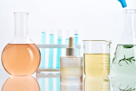 Scientific laboratory glassware with colorful liquids for research