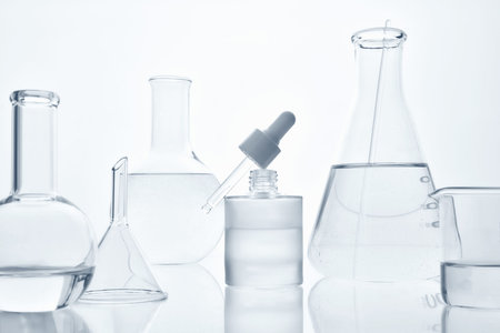 Scientific laboratory glassware preparing essential oil liquid dropping from pipette