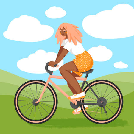 Illustration depicting a girl on a bike. Girls go in for sports on the street. For collage, design, websites, layout, articles.の写真素材