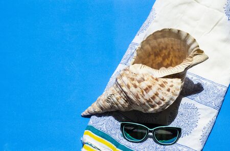 summery atmosphere with blue background with sunglasses, sarong and conch shellの写真素材