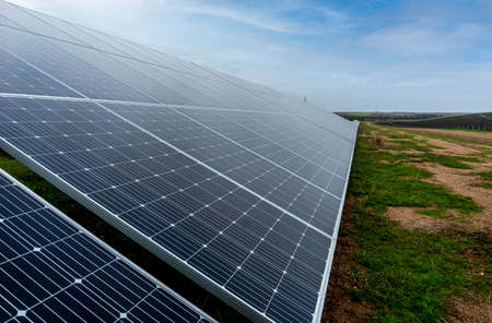 Solar panels under the blue sky. Solar energy and sustainable energy concept