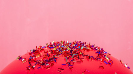 Closeup of a bunch of shiny confetti on a pink balloon. Carnival and party concept. Horizontal photography. Copy Spaceの写真素材