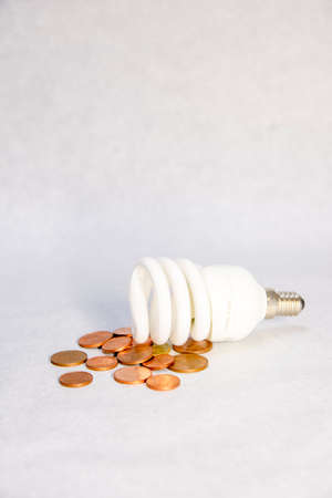 Close-up of a led light bulb on various coins on white background. Concept of energy saving at home.の写真素材