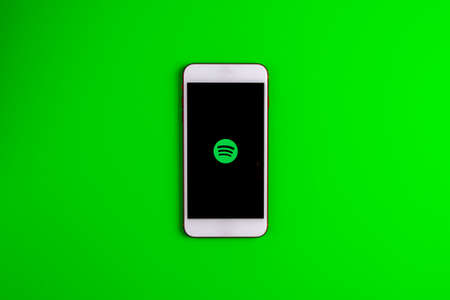 Spain. 03, 05, 2021. An iphone screen showing spotify icon, perfect for listening musics on the goのeditorial素材