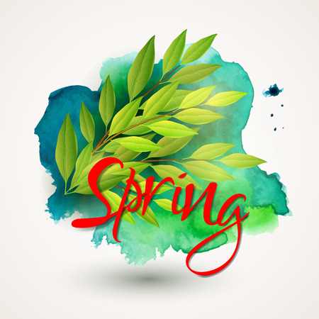 Inscription spring on watercolor background and green leavesのイラスト素材