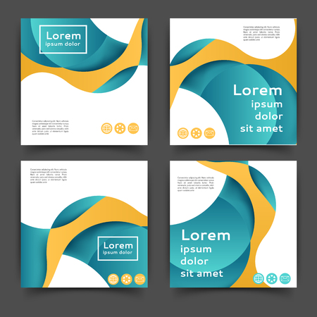 Set of square color brochures, book template with abstract lines and wavesのイラスト素材