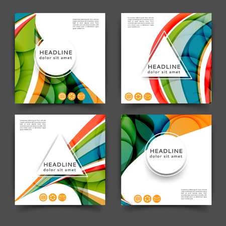 Set of square color brochures, book template with abstract lines and wavesのイラスト素材