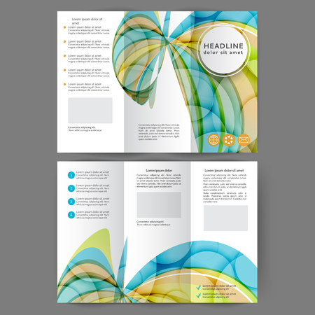 Color tri fold business brochure design template with abstract lines and waves.のイラスト素材