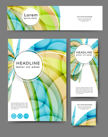 Set of promotional flyers with abstract waves and lines. Different sizesのイラスト素材
