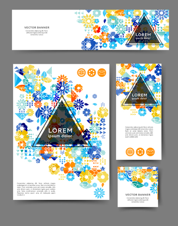 Set of promotional flyers with abstract waves and lines. Different sizesのイラスト素材