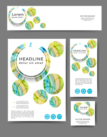 Set of promotional flyers with abstract waves and lines. Different sizesのイラスト素材