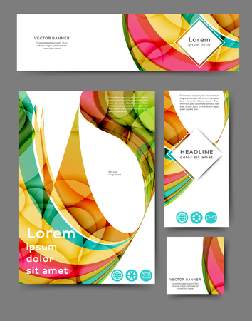 Set of promotional flyers with abstract waves and lines. Different sizesのイラスト素材