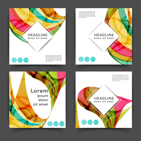 Set of square color brochures, book template with abstract lines and wavesのイラスト素材