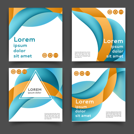 Set of square color brochures, book template with abstract lines and wavesのイラスト素材