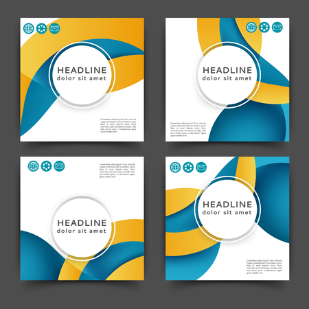 Set of square color brochures, book template with abstract lines and wavesのイラスト素材