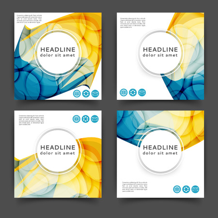 Set of square color brochures, book template with abstract lines and wavesのイラスト素材