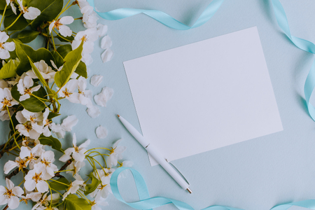 Mockup white greeting card with white spring flowers and light blue backgroundの写真素材