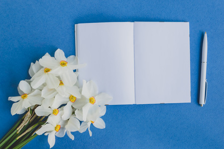 Mockup notebook with white daffodils and blue background empty space for your text, top viewの写真素材