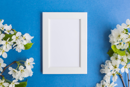 Mockup with a white frame and white spring flowers on a blue backgroundの写真素材