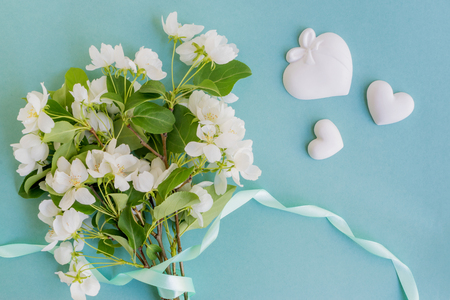White spring flowers on a light blue background  empty space for your text, top viewの写真素材