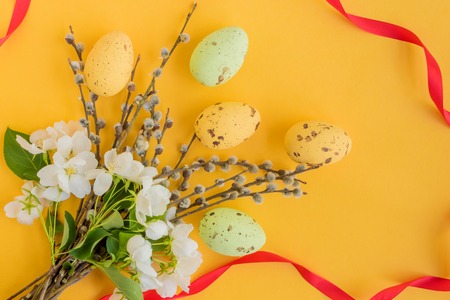 Easter eggs willow branches and white spring flowers on a yellow backgroundの写真素材